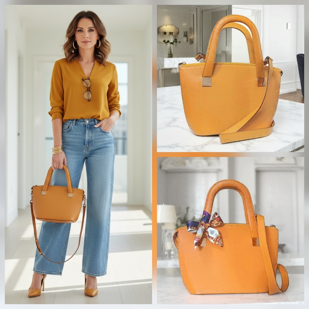 💛 CÉLINE EUC Mustard Leather Tote Crossbody Small Shoulder Bag Gold HW - Picture 3 of 17